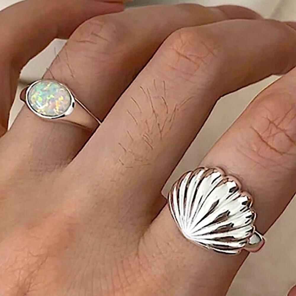 Sterling Silver Shell Opal Ring Set, Minimalist